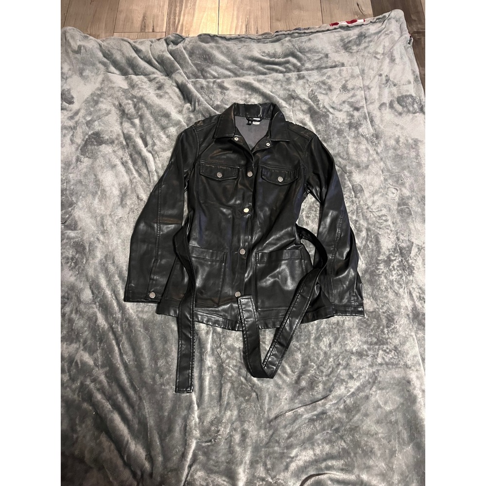H&M Divided Women Black Faux Leather Belted Shacket Jacket Size S